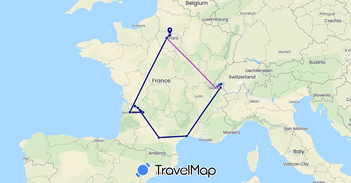 TravelMap itinerary: driving, train in Switzerland, France (Europe)
